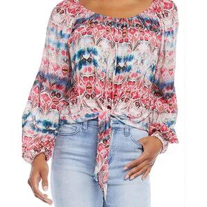 Karen Kane Womens Medium Boho Printed Tie-Front Blouse Long Sleeves Spring Top